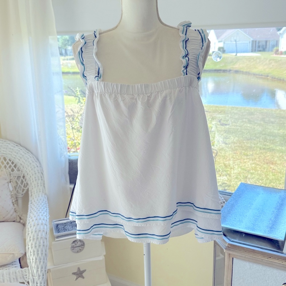 Summer nautical womens beach swing top white blue turquoise ruffles